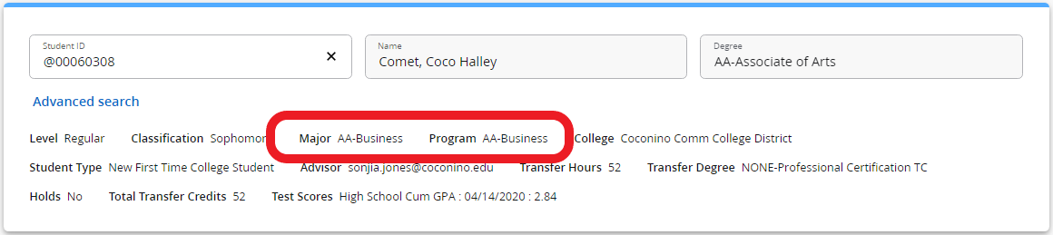 Red circle indicating location of Degree and Program of Study on the Degree Works Student Information Block