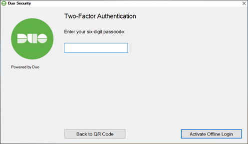 Two-factor authentication. Enter your six-digit passcode. Box to insert code. Two buttons: "Back to QR Code" and "Activate Offline Login"