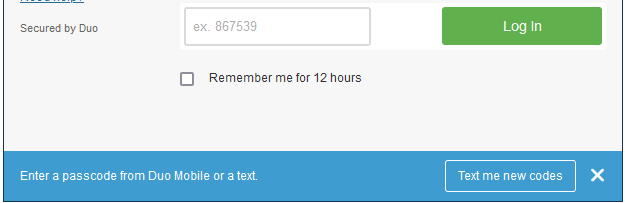 Webmail Duo prompt for "Text me new codes" displayed under the users mobile device