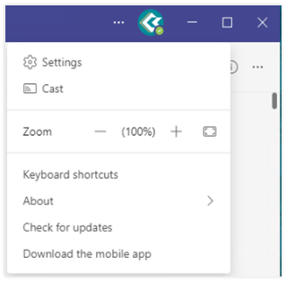 Teams Three-Dot menu expanded. Shows Settings, Zoom, Check for Updates and more.