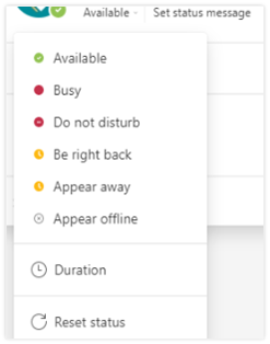 Activity status with options for Available, Busy, Do Not Distrub, Be Right Back, Appear Away, Appear Offline, Duration and Reset.