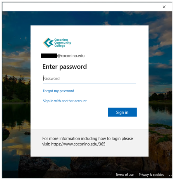 Microsoft Login prompt with adjusted layout including a CCC logo and background.