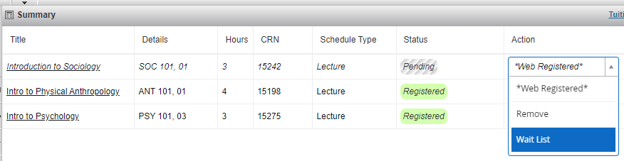 Summary screen under courses displayed with the drop-down "action" displayed for "Web Registered, Remove, Waitlist"