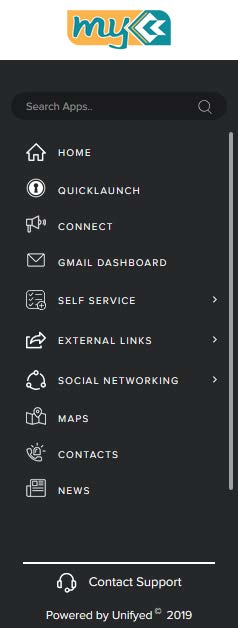 Menu items - Search, Home, Quick Launch, Connect, Gmail Dashboard, Self Servcice, External Links, Social Networking, Maps, Contacts, News and Contact Support