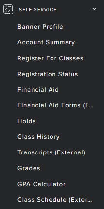Menu items: Banner Profile, Account Summary, Register for Classes, Registration Status, Financial Aid, Financial AId Forms, Holds, Class History, Transcripts, Grades, GPA Calculator and Class Schedule