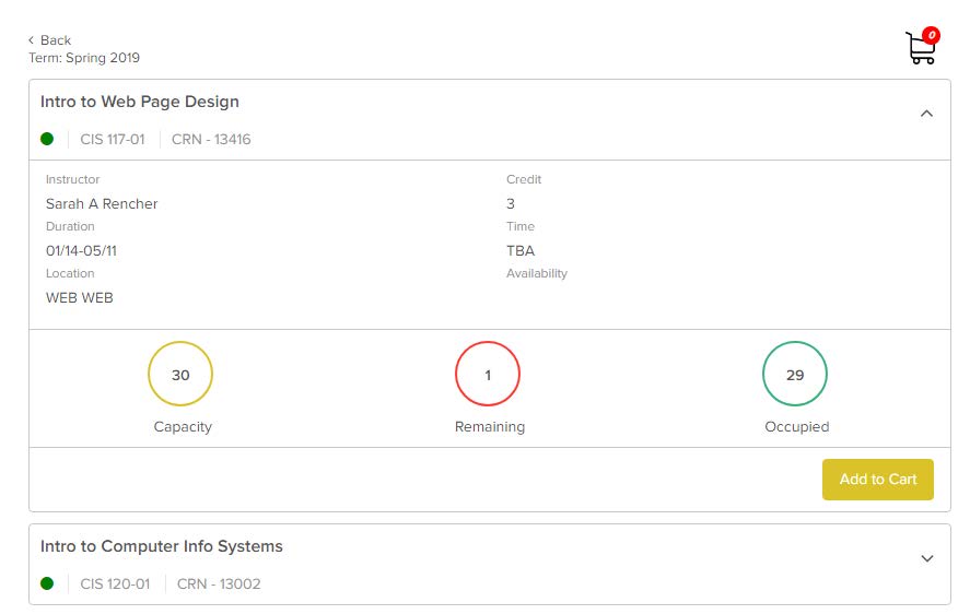 Example Image with a class added to a cart to register