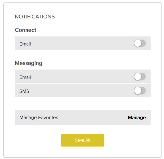 Menu items - Connect Email On/Off, Messaging Email On/Off, Messaging SMS On/Off, and Manage Favorites